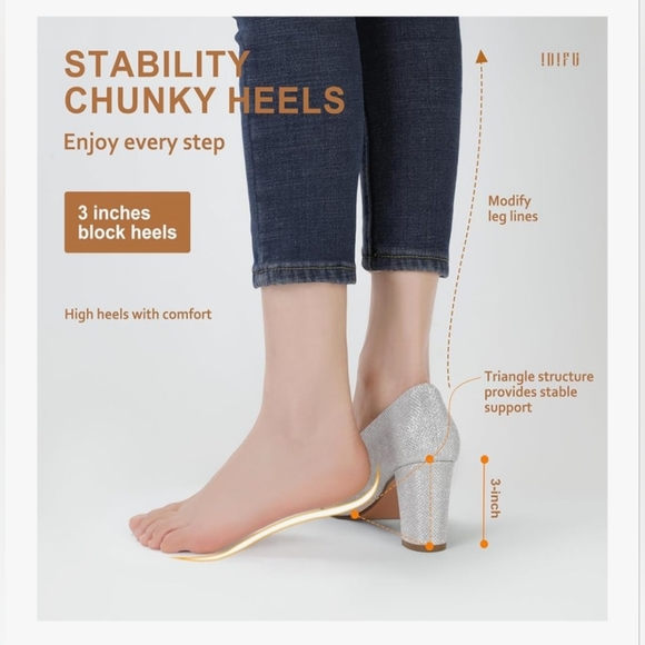 IDIFU Sparkling Silver Chunky Heels Size 8 - 8.5 - Picture 3 of 10